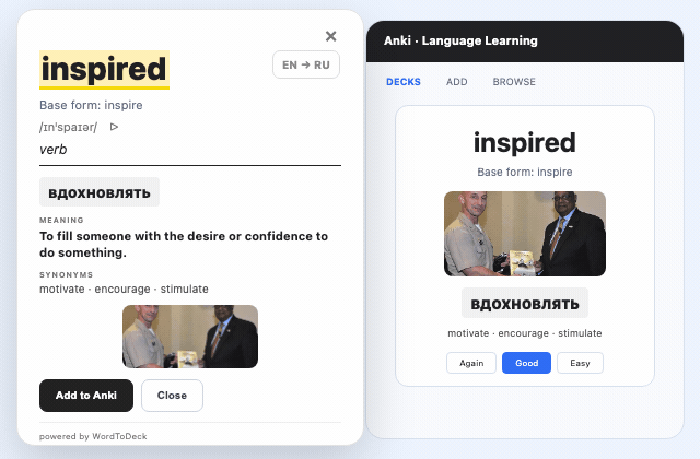 Screen recording: a WordToDeck card is exported into Anki in one click