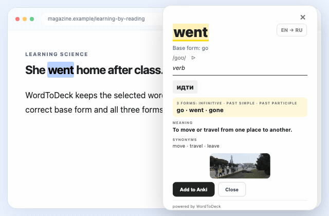 Screen recording: the selected form went becomes the infinitive go with three irregular forms